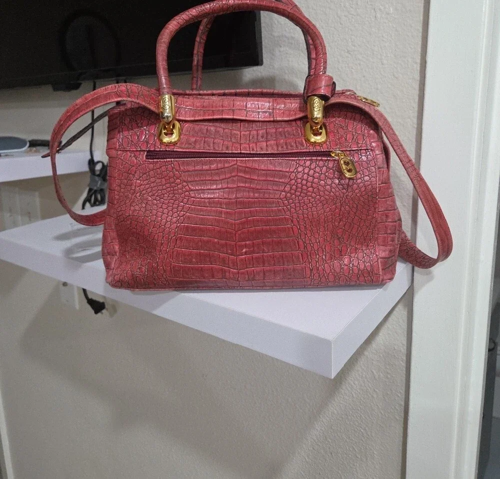 Marino Orlandi Red Croc-Embossed Satchel Handbag - Gold Hardware